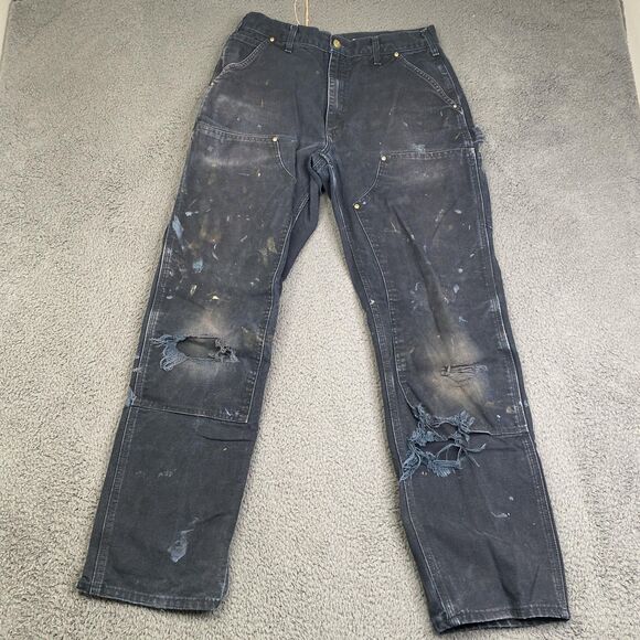 Carhartt Pants Mens 33x34 Black Distressed Utility Double Knee Workwear USA VTG - Picture 1 of 12